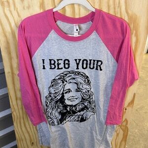 Dolly Parton Pink and Gray Raglan Graphic Tee‎